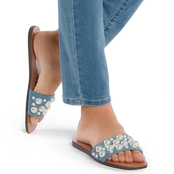 NWT Lauren Lorraine Nilo Pearl Denim Slides, Size 6 - Picture 1 of 11